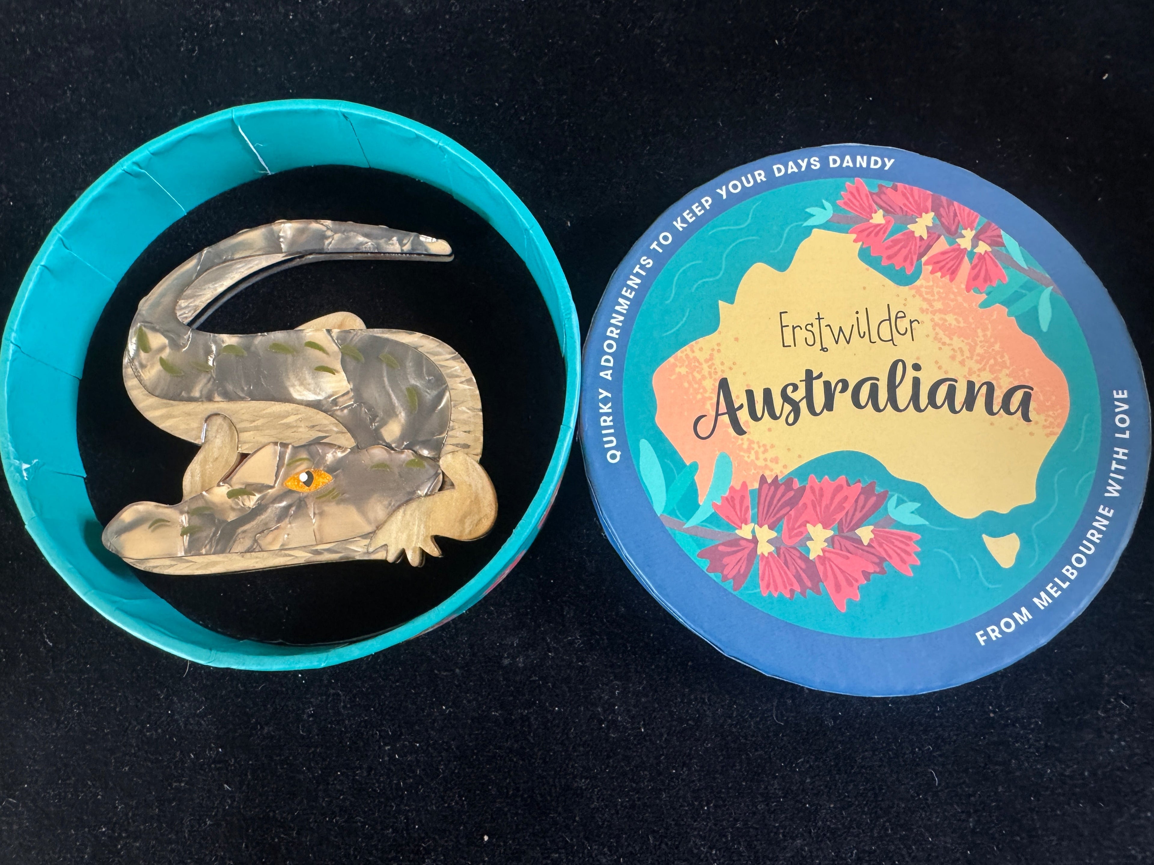 ERSTWILDER AUSTRALIANA COLLECTION RESIN BROOCH - CRIKEY THE SALTWATER CROCODILE