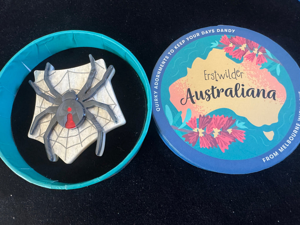 ERSTWILDER AUSTRALIANA RESIN BROOCH - ROXY THE REDBACK SPIDER